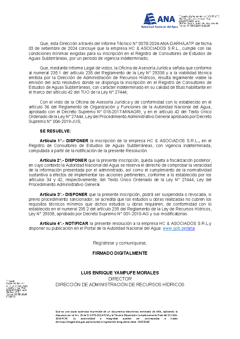 R.D. N° 005-2024-ANA- DAH  REGISTRO DE CONSULTORES DE ESTUDIOS DE  AGUAS SUBTERRANEAS